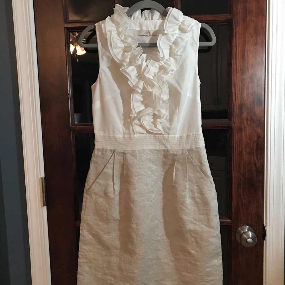 Loft white and beige sparkle sheath dress